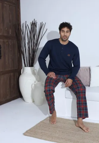 Pijama bărbați cu nasturi, pantaloni lungi Roșu și mânecă lungă Bleumarin