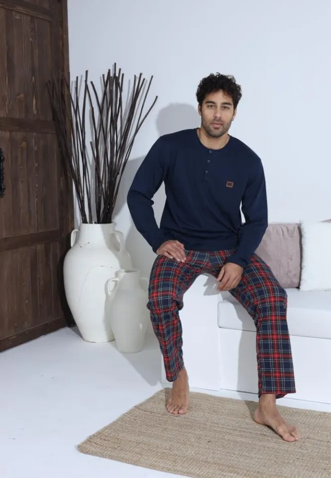 Pijama bărbați cu nasturi, pantaloni lungi Roșu și mânecă lungă Bleumarin