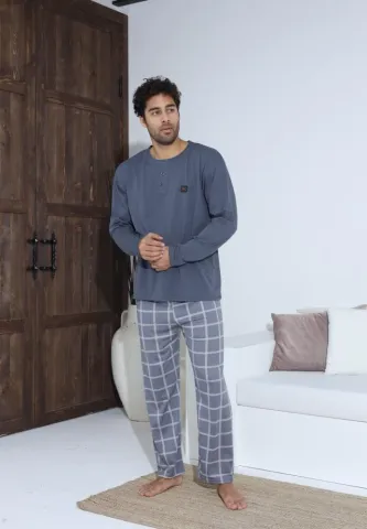 Pijama Barbati ,Maneca si Pantaloni Lungi,Culoare Gri cuAlb
