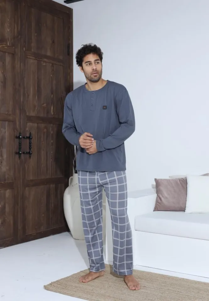 Pijama bărbați cu nasturi, mânecă lungă și pantaloni lungi Gri cu carou
