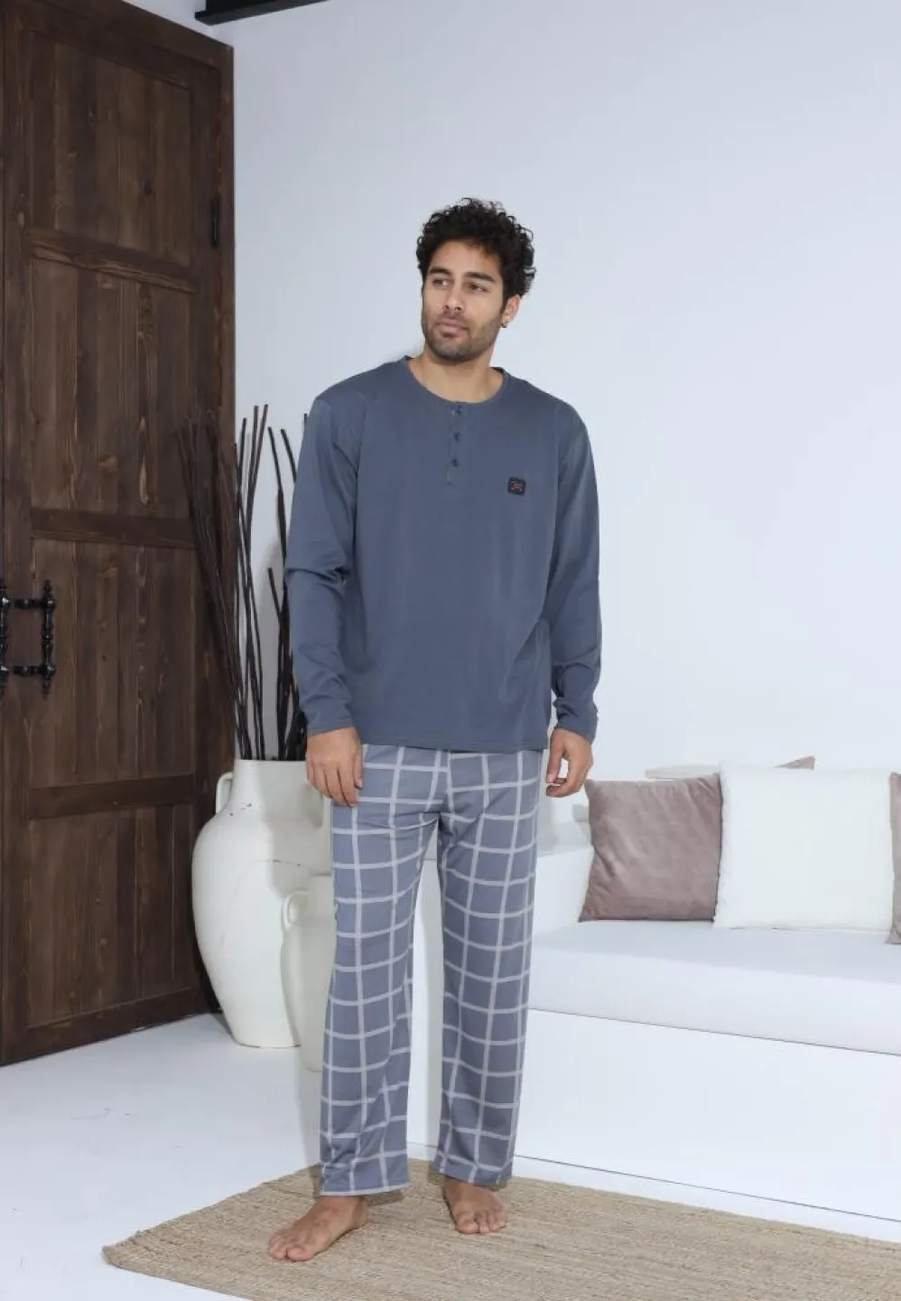 Pijama bărbați cu nasturi, mânecă lungă și pantaloni lungi Gri cu carou - 3