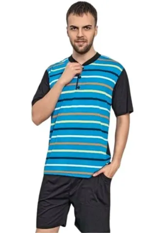 Pijama bărbați din bumbac, mânecă scurtă și pantaloni scurti albastru