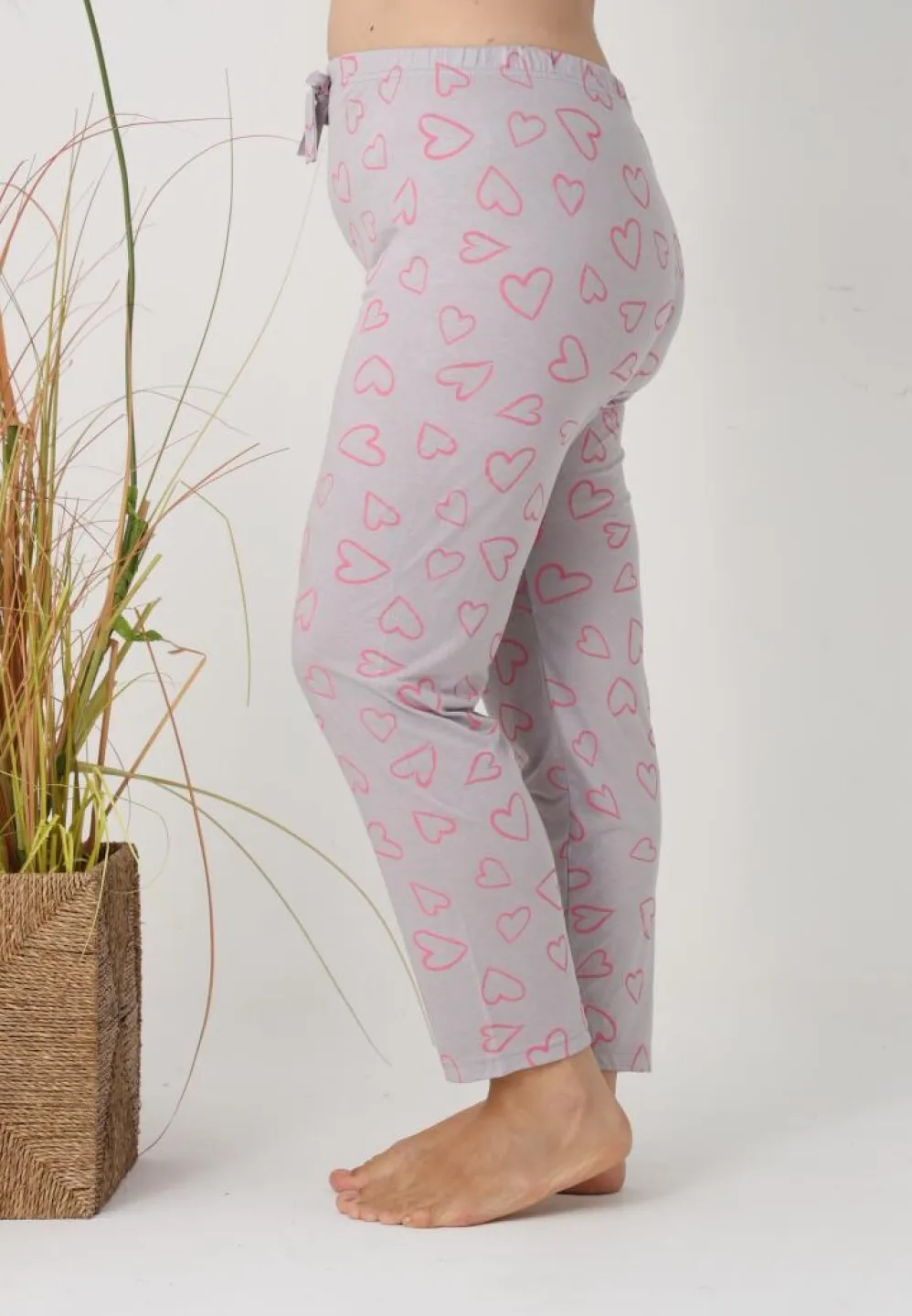 Pantalon damă Big Size, roz cu inimioare gri - 4