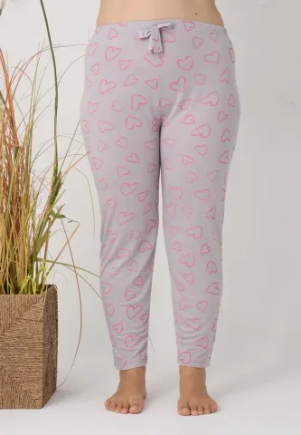 Pantalon damă Big Size, roz cu inimioare gri