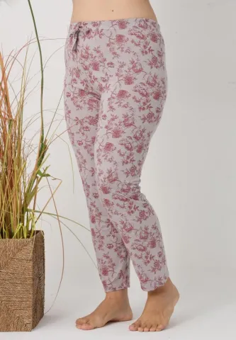 Pantaloni de pijama damă Big Size, flori vișinii pe fundal gri