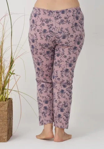 Pantaloni de pijama damă Big Size, flori albastre pe fundal roz hover