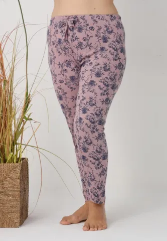 Pantaloni de pijama damă Big Size, flori albastre pe fundal roz