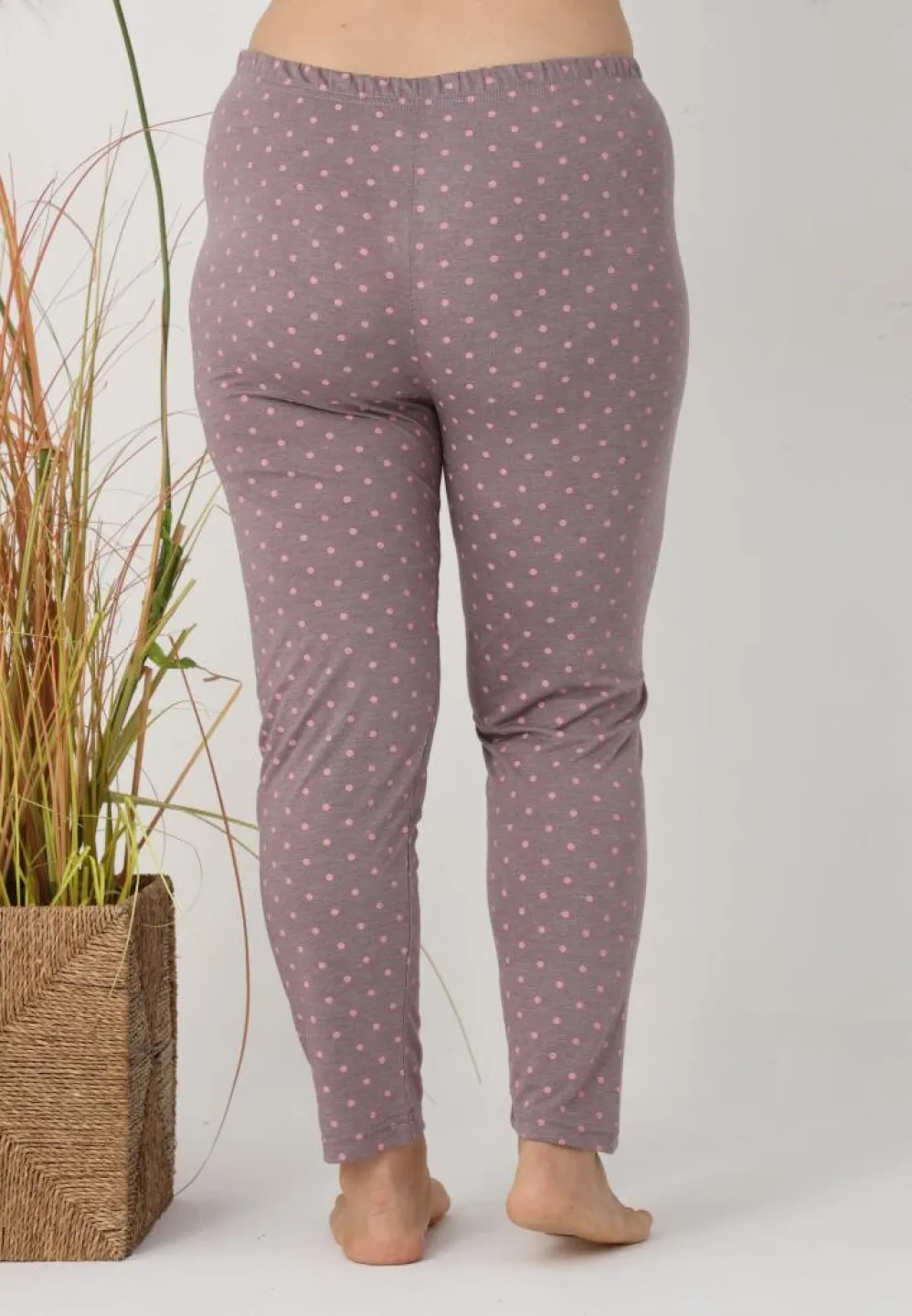 Pantaloni de pijama damă Big Size, buline roz pe fundal gri - 3