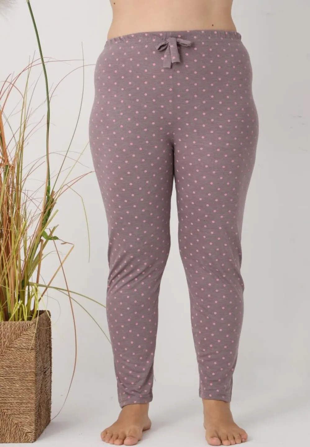 Pantaloni de pijama damă Big Size, buline roz pe fundal gri - 5