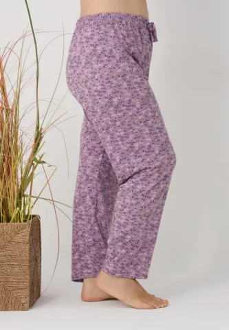 Pantaloni de pijama damă Big Size, flori pe fundal mov hover