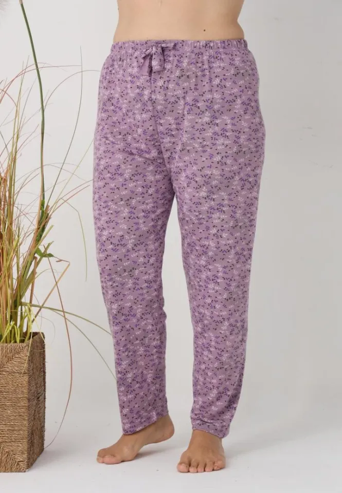 Pantaloni de pijama damă Big Size, flori pe fundal mov