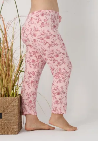 Pantaloni de pijama damă Big Size, flori pe fundal roz hover