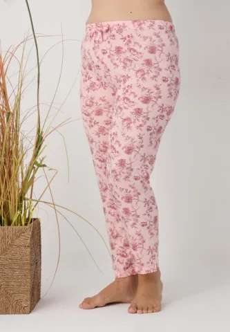 Pantaloni de pijama damă Big Size, flori pe fundal roz