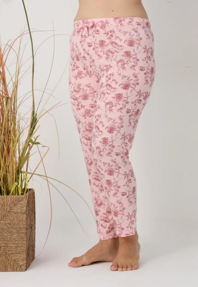 Pantaloni de pijama damă Big Size, flori pe fundal roz