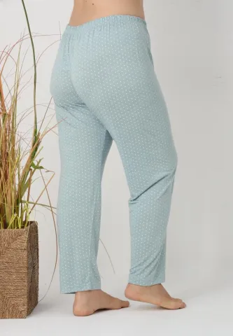 Pantaloni de pijama damă Big Size, puncte albe pe fundal verde hover