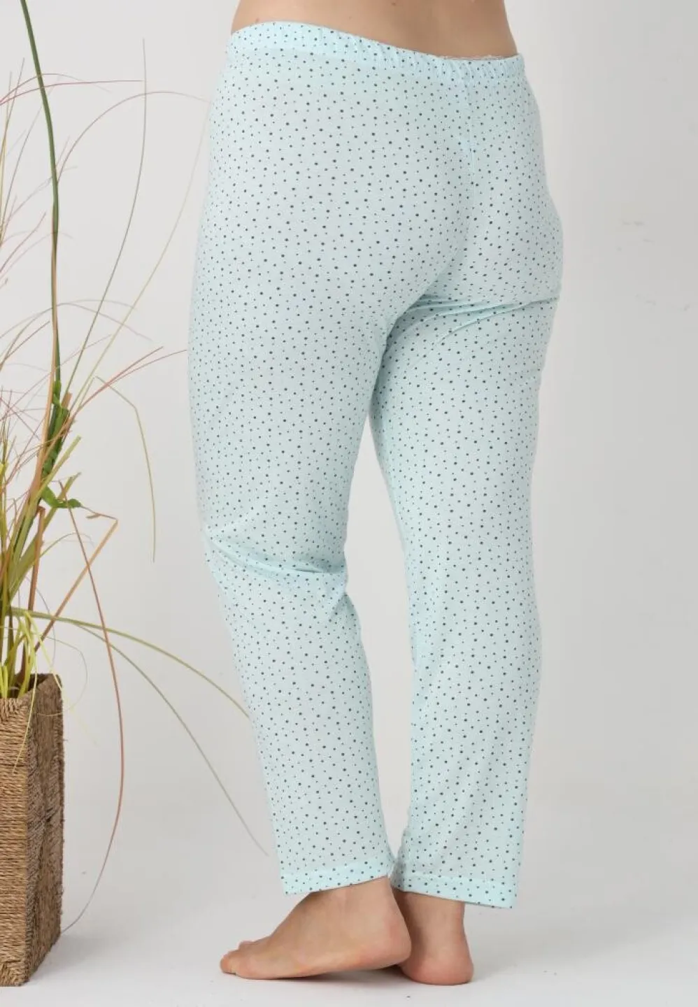 Pantaloni de pijama damă Big Size, puncte negre pe fundal turcoaz - 3