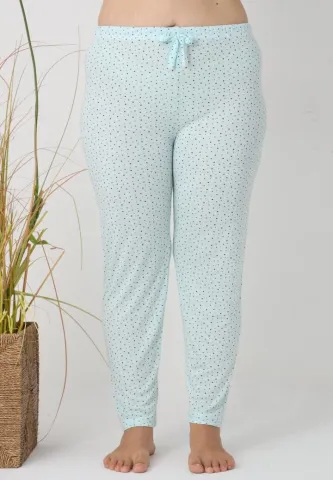 Pantaloni de pijama damă Big Size, puncte negre pe fundal turcoaz