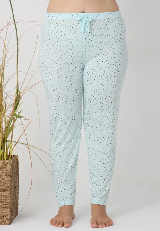 Pantaloni de pijama damă Big Size, puncte negre pe fundal turcoaz