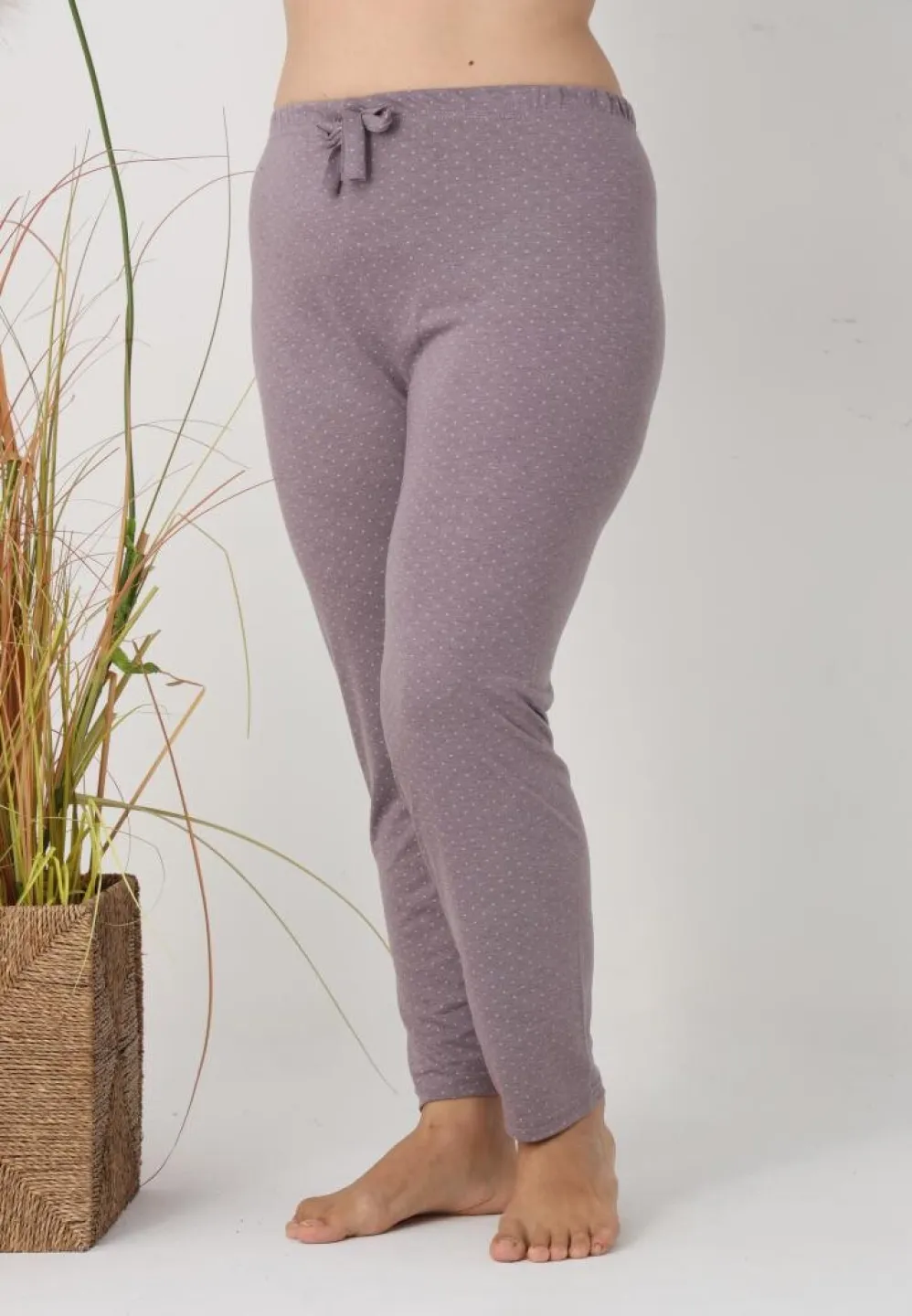 Pantaloni de pijama damă Big Size, puncte roz pe fundal gri - 1
