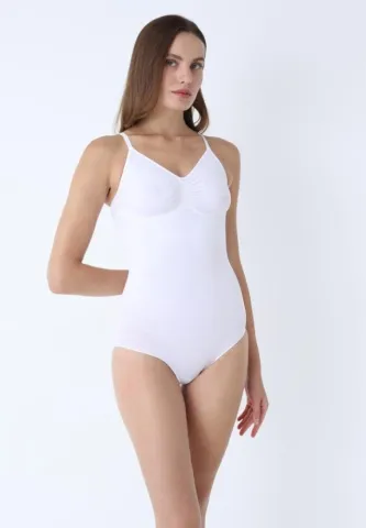 Body tanga alb, modelator cu bretele reglabile