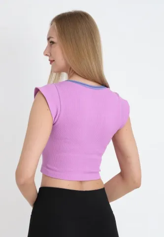 Tricou casual crop damă, mov cu mânecă scurtă hover