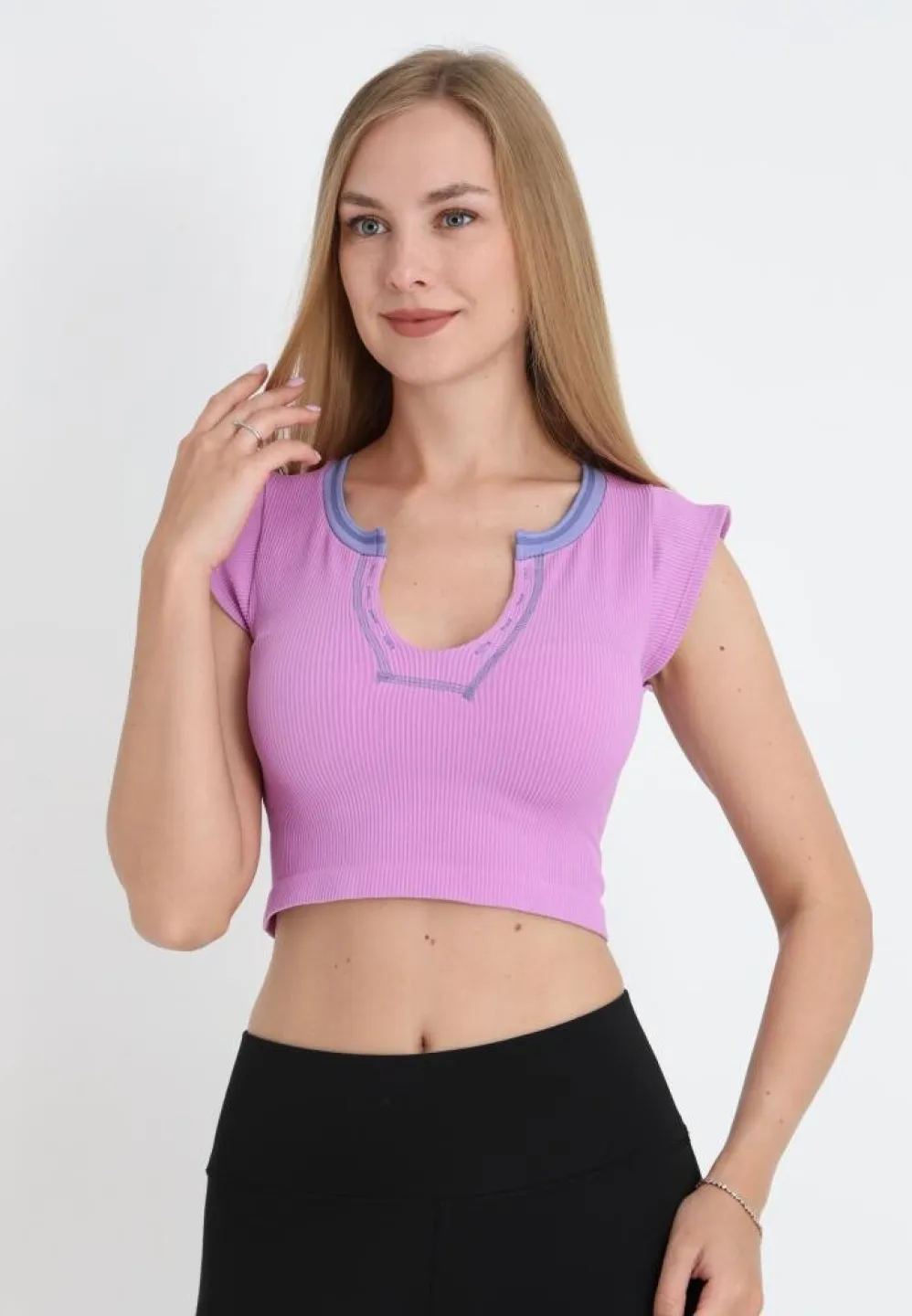 Tricou casual crop damă, mov cu mânecă scurtă - 1