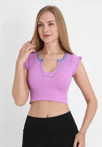 Tricou casual crop damă, mov cu mânecă scurtă