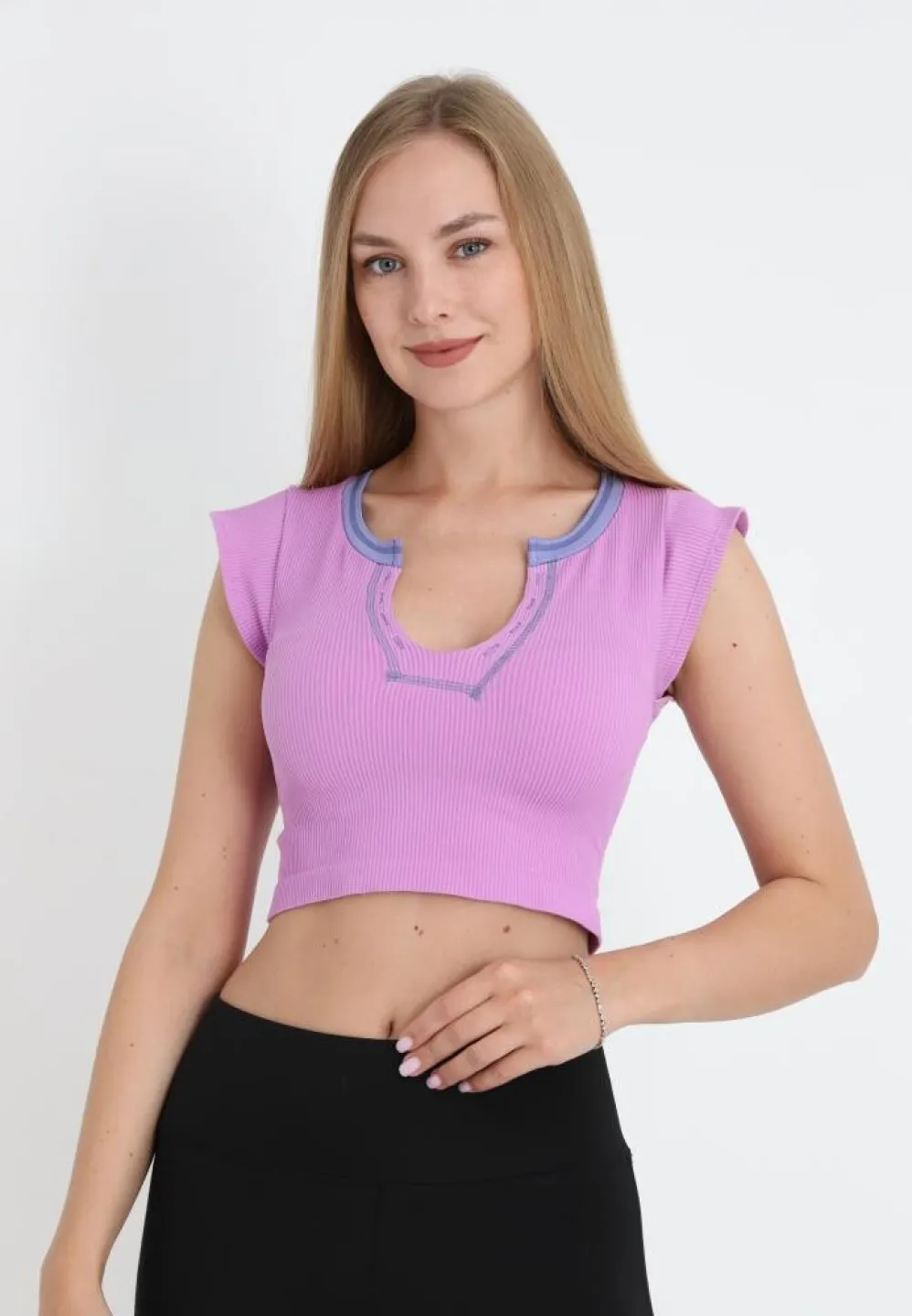Tricou casual crop damă, mov cu mânecă scurtă - 3