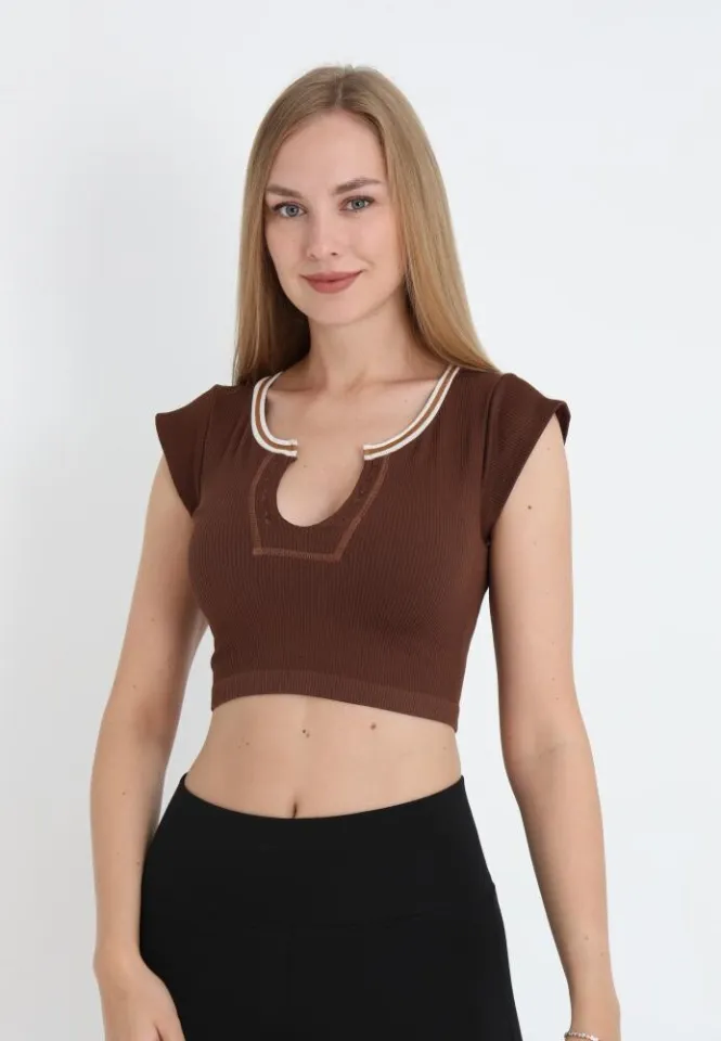 Tricou casual crop damă, maro cu mânecă scurtă