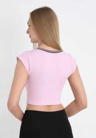 Tricou Crop Damă cu Mânecă Scurtă Roz hover