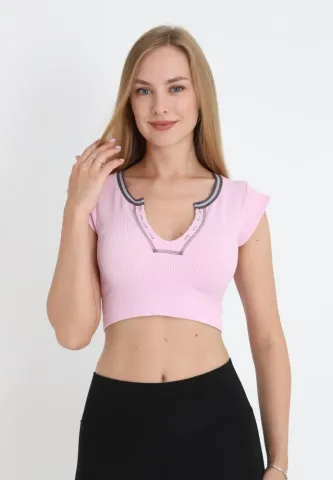 Tricou Crop Damă cu Mânecă Scurtă Roz