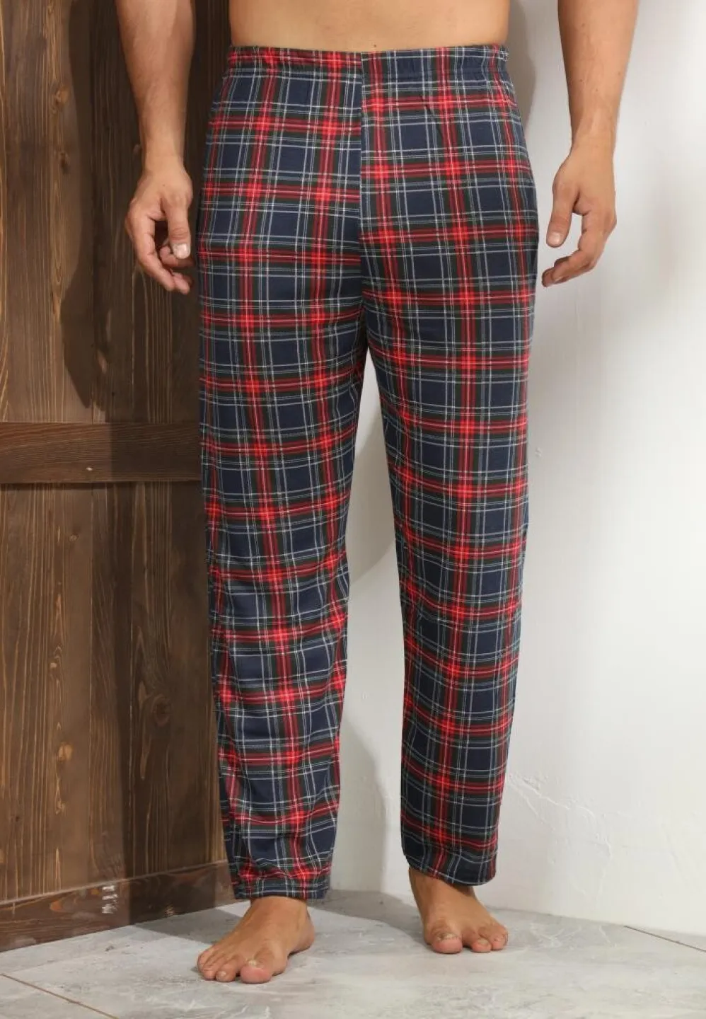 Pantalon modern bărbați Big Size, negri cu carouri roșii și linii albe - 1