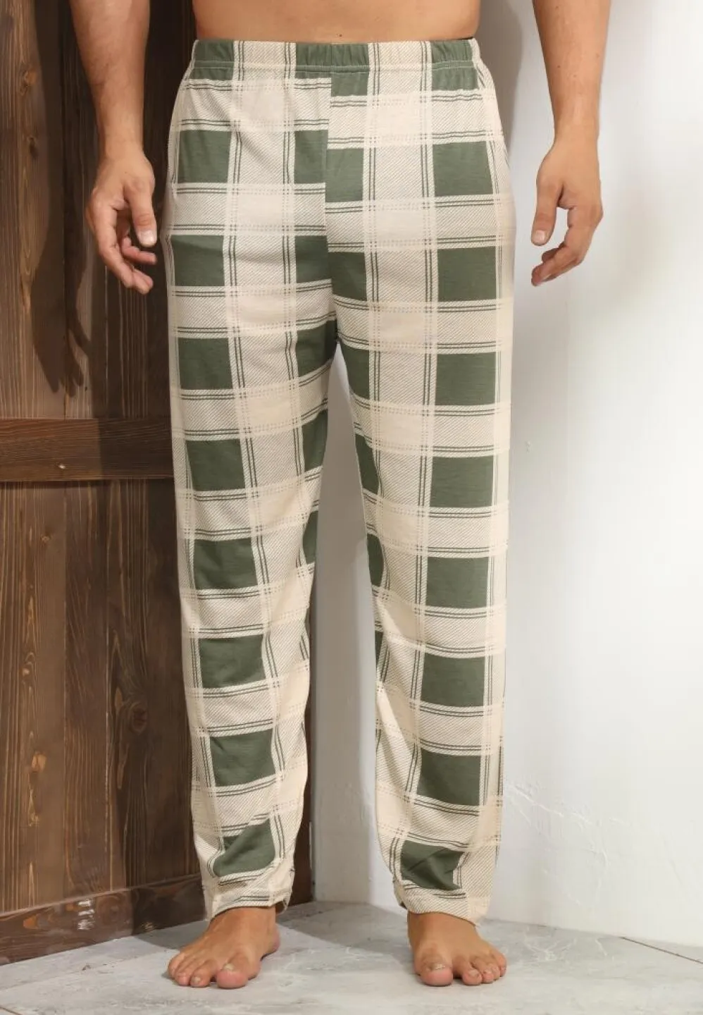 Pantalon modern bărbat Big Size, bej cu pătrățele verzi - 1