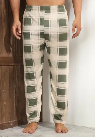 Pantalon modern bărbat Big Size, bej cu pătrățele verzi