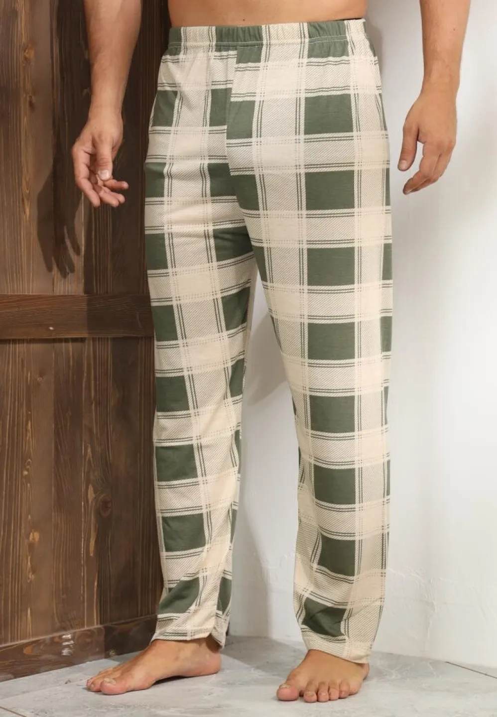 Pantalon modern bărbat Big Size, bej cu pătrățele verzi - 3