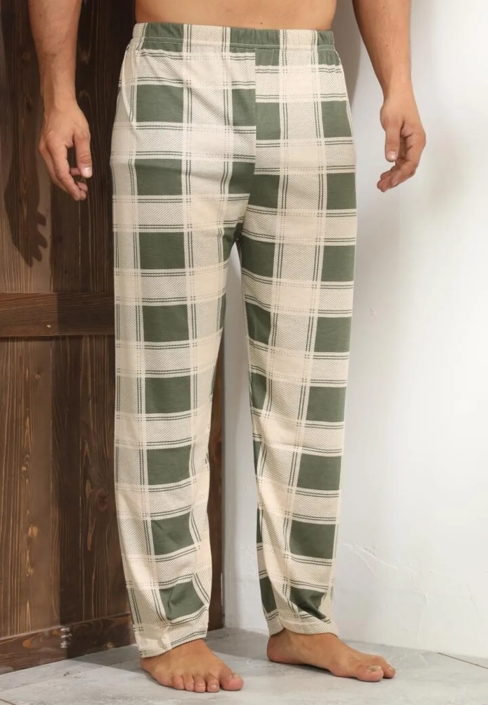 Pantalon modern bărbat Big Size, bej cu pătrățele verzi - 4