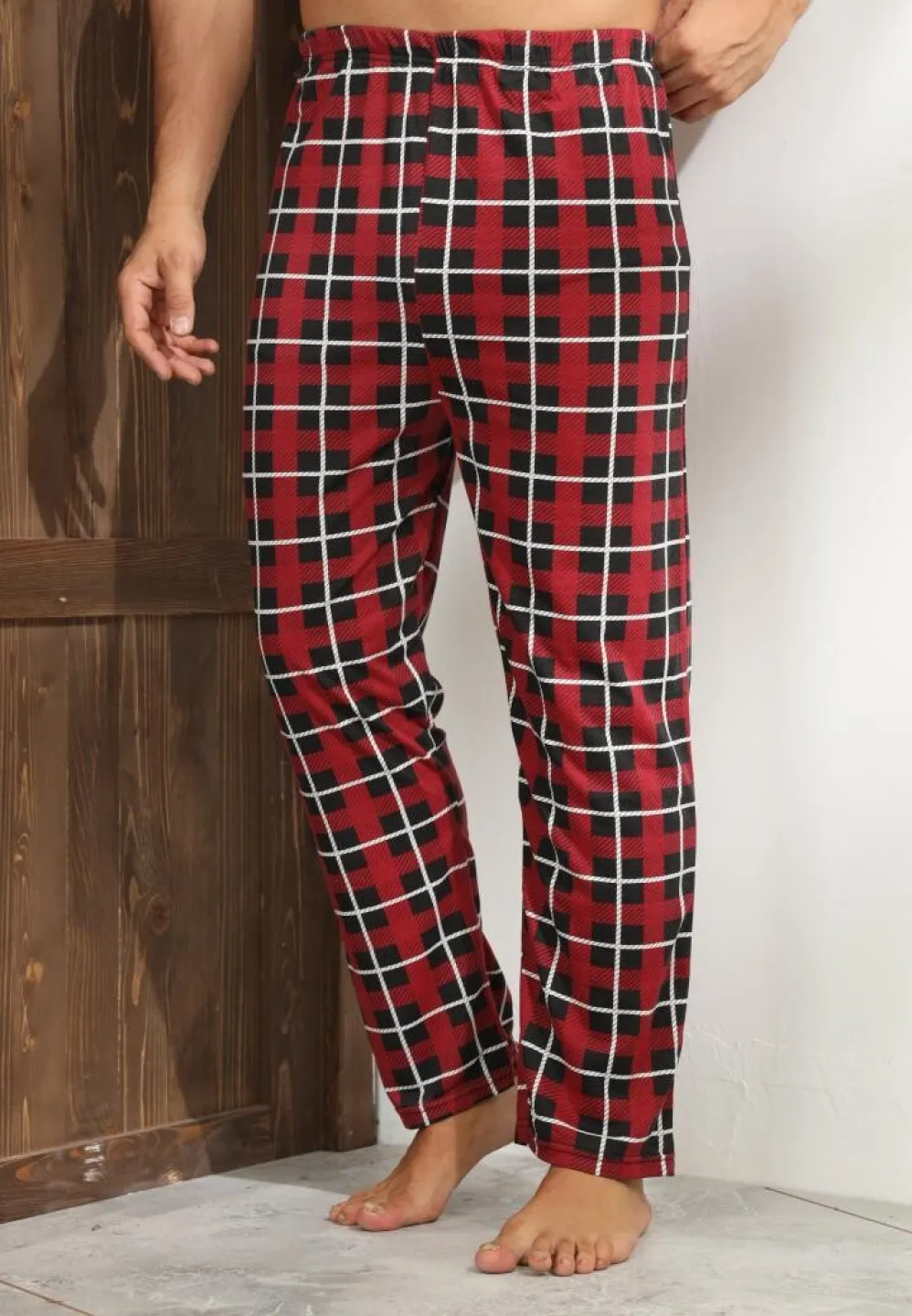 Pantalon modern bărbat Big Size, roșii cu carouri alb-negru - 3