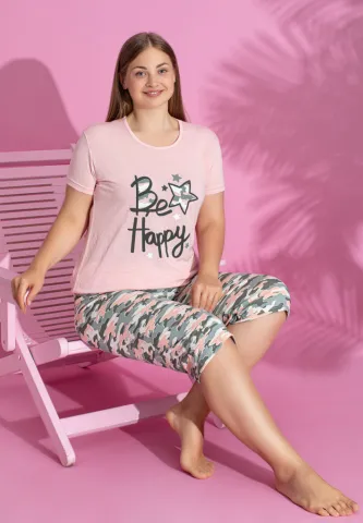Pijama BE HAPPY damă bumbac mărime mare tricou + pantaloni 3/4 hover