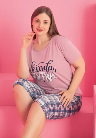 Pijama KINDA EXTRA damă bumbac mărime mare tricou + pantaloni 3/4 hover