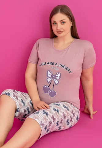 Pijama YOU ARE A CHERRY damă bumbac mărime mare tricou + pantaloni 3/4 hover