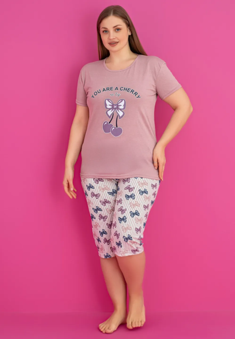 Pijama YOU ARE A CHERRY damă bumbac mărime mare tricou + pantaloni 3/4 - 1