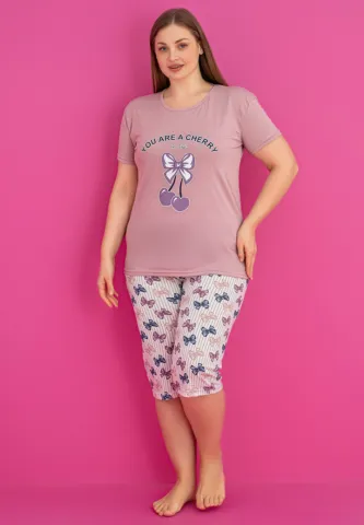 Pijama YOU ARE A CHERRY damă bumbac mărime mare tricou + pantaloni 3/4