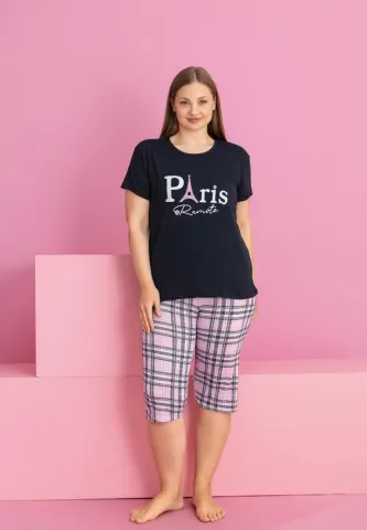 Pijama PARIS damă bumbac mărime mare tricou + pantaloni 3/4