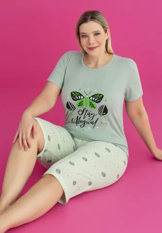 Pijama STAY MAGICAL damă bumbac mărime mare tricou + pantaloni 3/4 hover