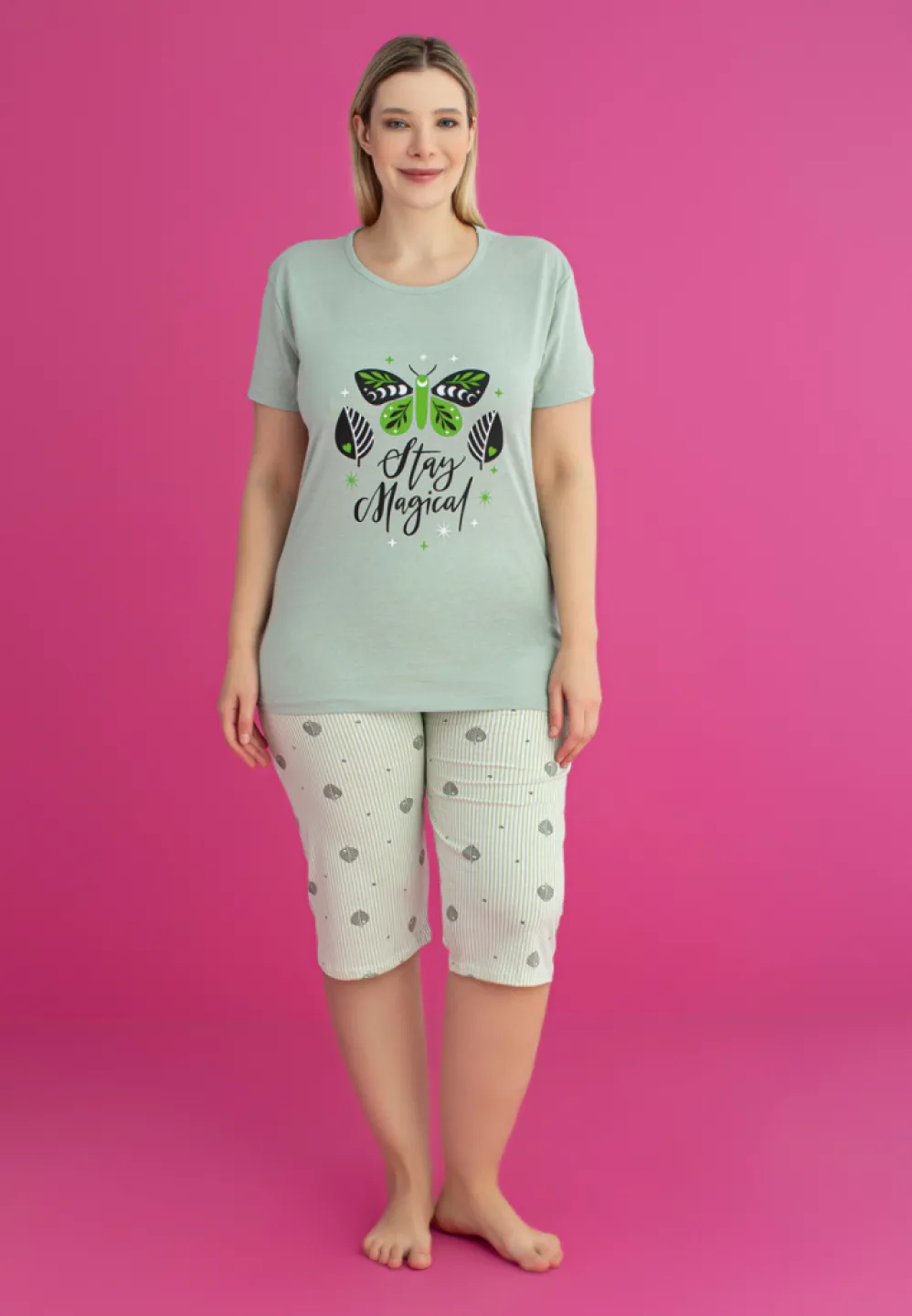 Pijama STAY MAGICAL damă bumbac mărime mare tricou + pantaloni 3/4 - 1