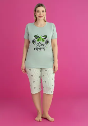 Pijama STAY MAGICAL damă bumbac mărime mare tricou + pantaloni 3/4