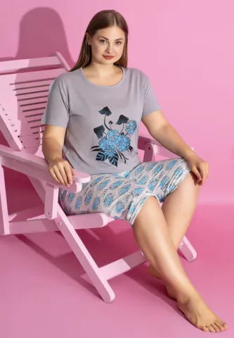 Pijama FLORI damă bumbac mărime mare tricou + pantaloni 3/4 hover