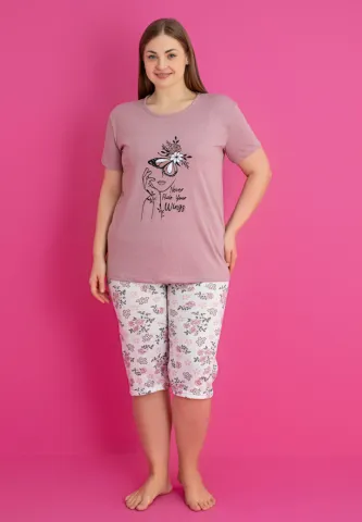 Pijama NEVER HIDE YOUR WINGS damă bumbac mărime mare tricou + pantaloni 3/4