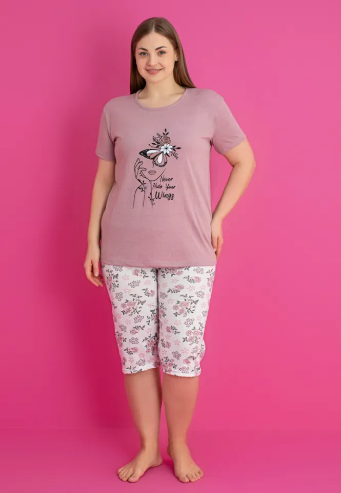 Pijama NEVER HIDE YOUR WINGS damă bumbac mărime mare tricou + pantaloni 3/4