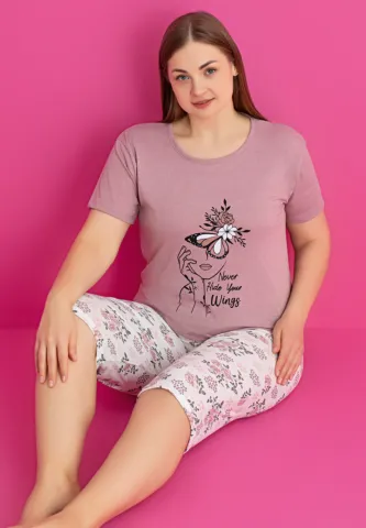 Pijama NEVER HIDE YOUR WINGS damă bumbac mărime mare tricou + pantaloni 3/4 hover